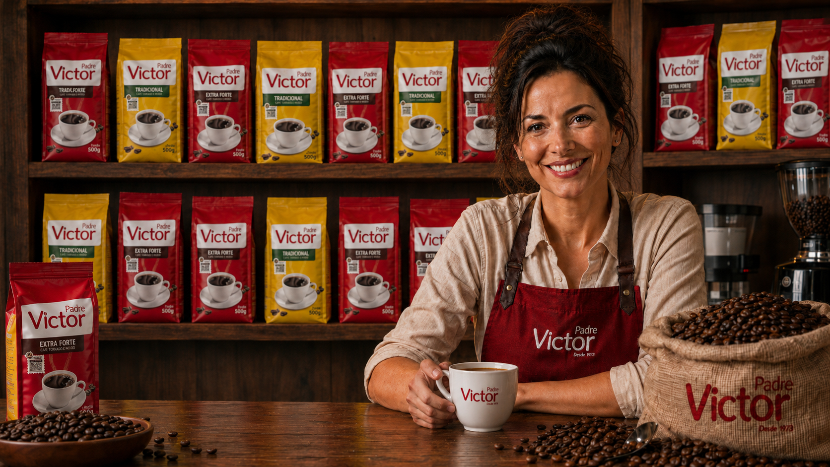 Atendente Café Padre Victor em uma loja com produtos da marca